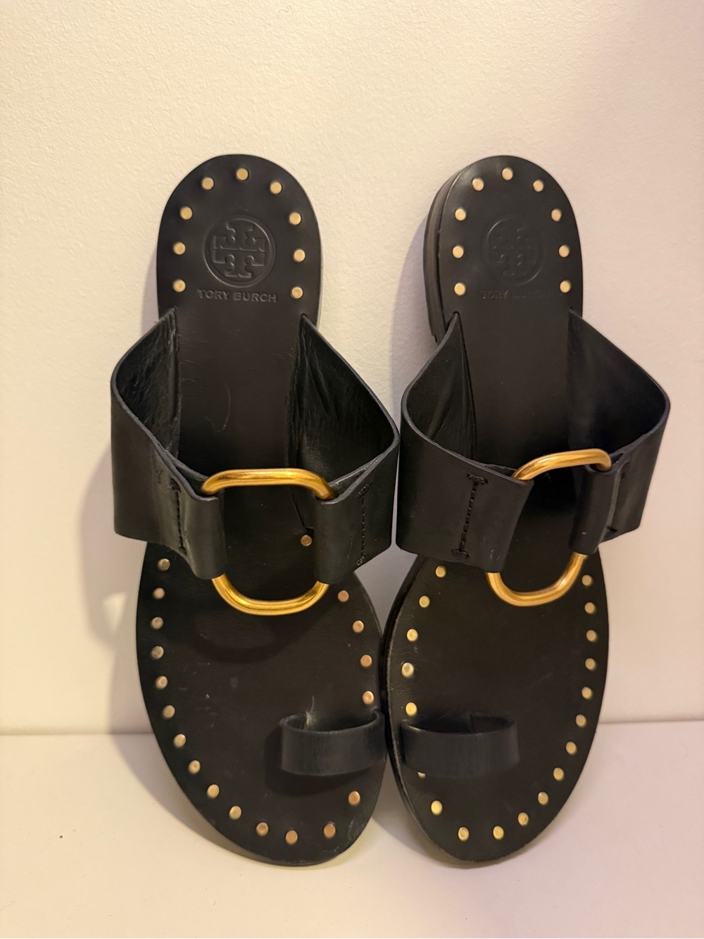 Tory Burch Black Leather Slide Sandals with Gold Ring and Studs